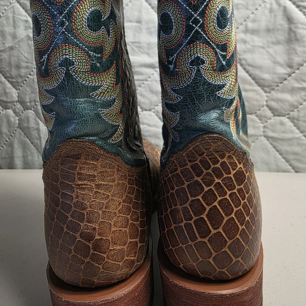 Nocona Womens Green and Brown Leather Pull On Cowgirl Boots Size 8B - Picture 7 of 10